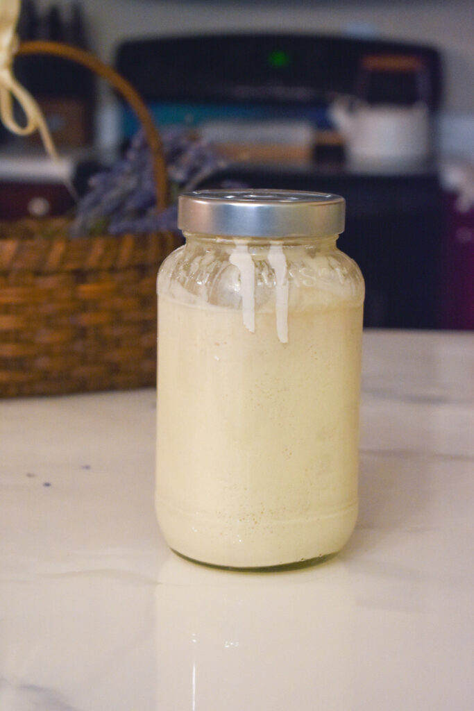 sourdough starter on a marble countertop